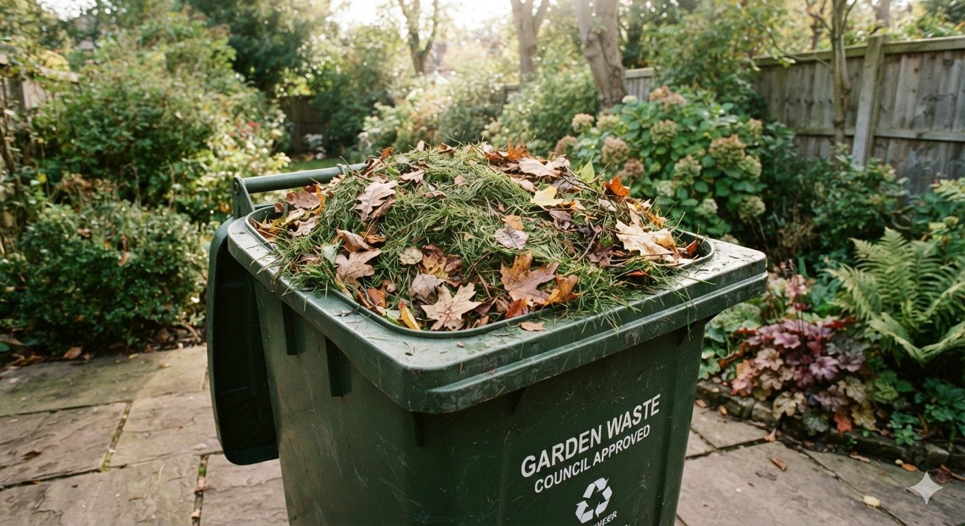 Image- a garden waste bin full of grass cuttings and leaves