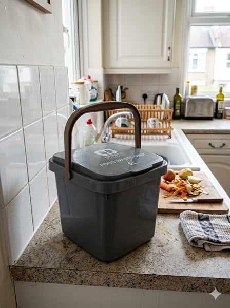 Kitchen food waste caddy with vegetable peelings