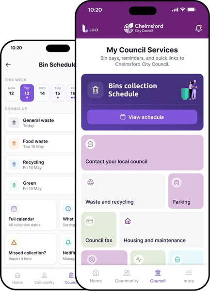 Chelmsford Council's mobile app Loci app for bin days and council services