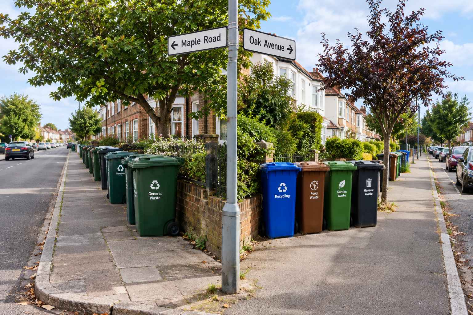 two neighbouring streets with different coloured bins