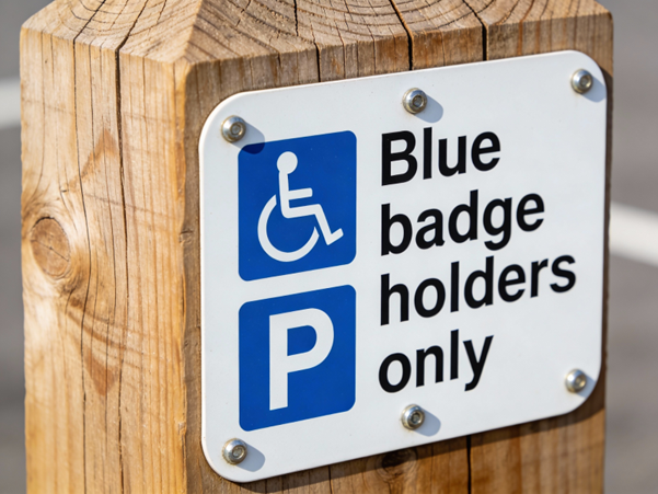 Parking sign showing disabled access symbol explaining how do you apply for a Blue Badge for accessible parking permits.