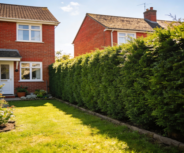 Residential boundary hedge between properties illustrating what is the law on boundary hedges and neighbour property regulations.