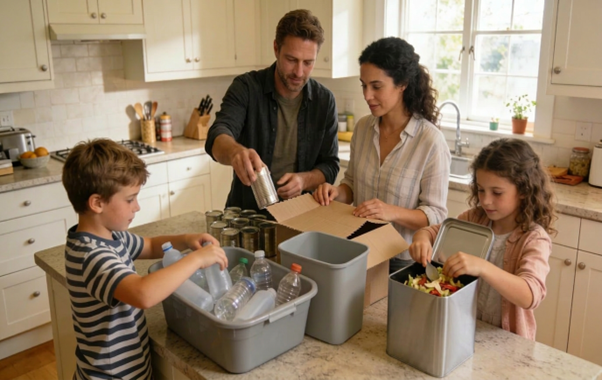 A family in a kitchen sorting plastic bottles, tin cans, and food waste into separate bins, demonstrating the household impact of Simpler Recycling legislation.