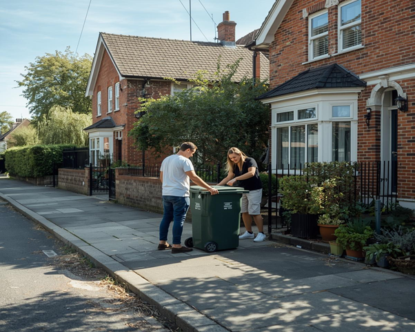 Two people stand by a green wheelie bin on the pavement outside a red-brick house in a quiet residential street, interacting with the bin on a sunny day.