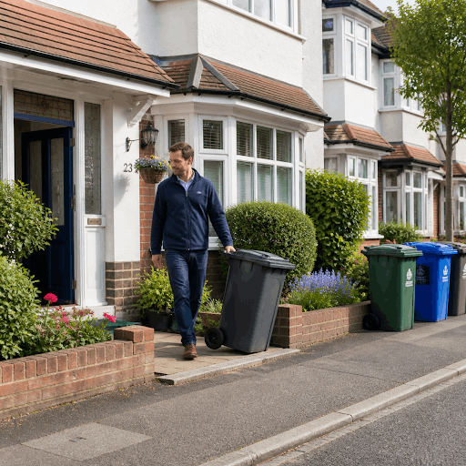 A man bringing his bin outside after using his bin app to tell him when the bins are meant to be put out.
