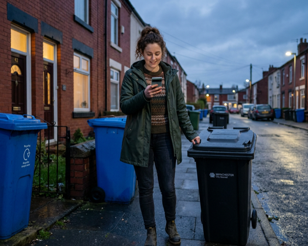 Bin Reminder App helping a resident check waste collection information while taking out a household bin.